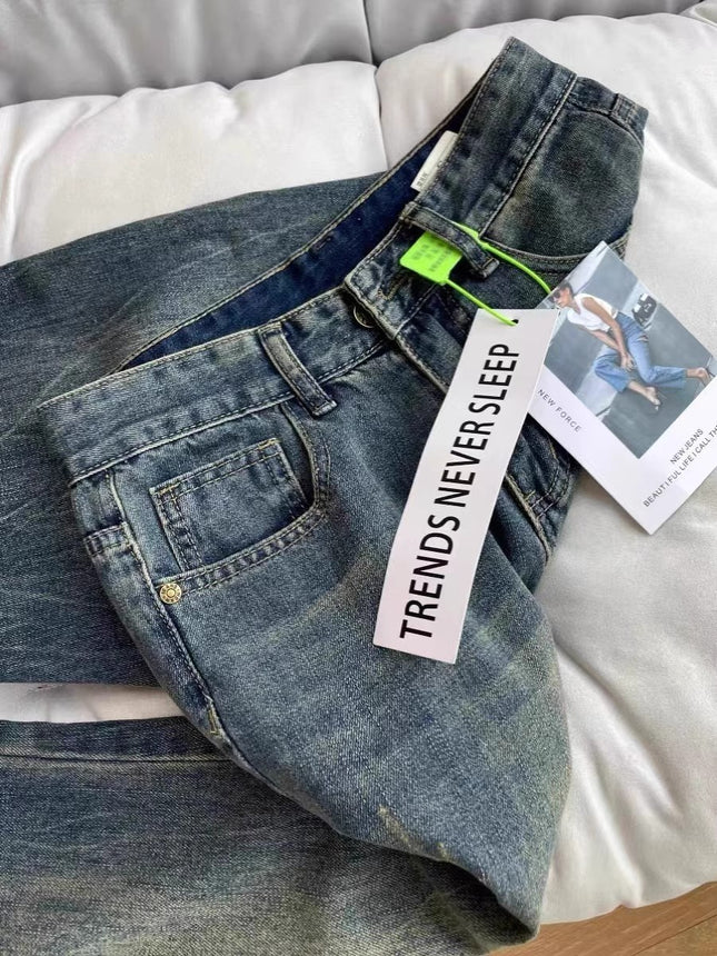 Vintage Distressed High-Waisted Flared Jeans for Petite Women, Loose Straight-Leg Slimming Wide-Leg Floor-Length Pants