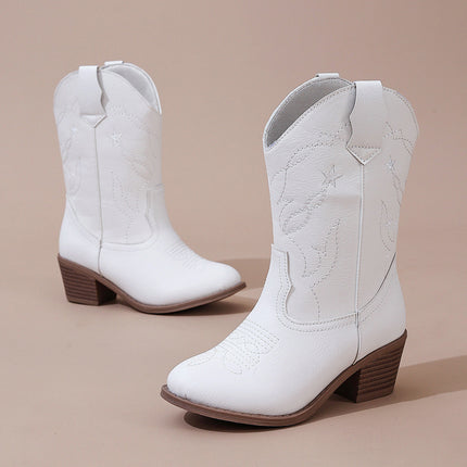 White Embroidered Random Irregular Chunky Heel Round Toe Pedal Elegant Knight Boots New All-Match Fashion Girl Boots