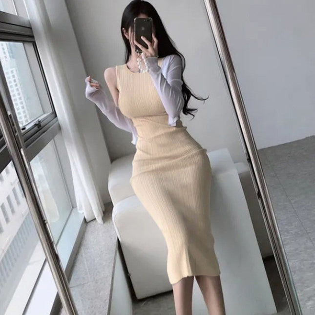 South Korea's Dongdaemun Elegant Slimming Look Feminine Pure Lust Style Sexy Figure-Showing Knitted Sleeveless Dress for Women