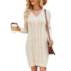 Apricot V-neck long sweater dress / S