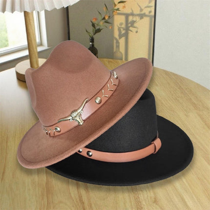 European and American Autumn and Winter Woolen Denim Jazz Felt Hat with Cow Head Label, Large Brim Fedora, Xizang Ethnic Style Outdoor Bucket Hat