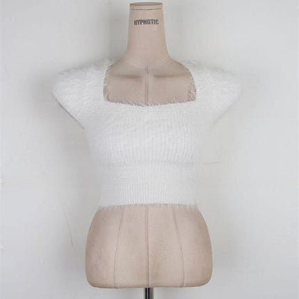 South Korea's Dongdaemun New Style Furry Comfortable Short-Sleeved Square Collar Slim Short Style Figure-Flattering Versatile Knitwear T-Shirt for Women