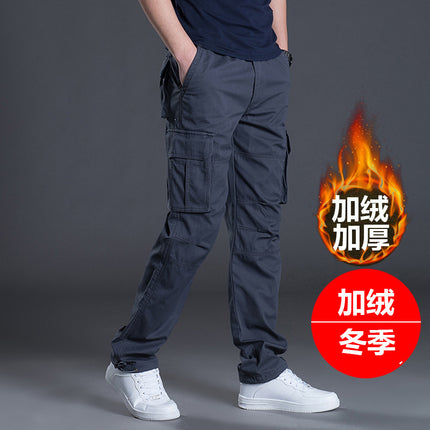 Factory Explosions Autumn and Winter Medium Thick Multi-Pocket Crane Pants Men's fleece-lined Casual Pants Loose Straight plus size Pants Fashion Brand
