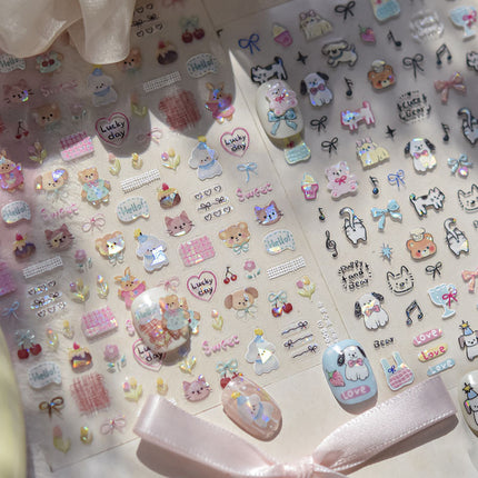 Cute Pet Graffiti Nail Art Stickers Embossed 3D Stereo 5D Cute Little Panda Cat Dog Nail Sticker Decoration