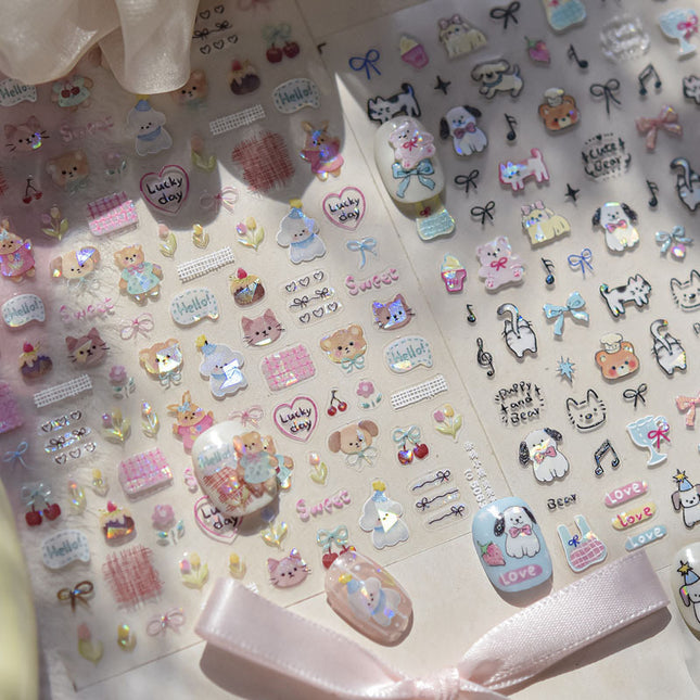 Cute Pet Graffiti Nail Art Stickers Embossed 3D Stereo 5D Cute Little Panda Cat Dog Nail Sticker Decoration