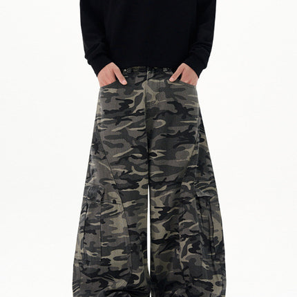 Lktm Men's American Design Multi-Pocket Scimitar Camouflage Cargo Pants Unisex Baggy Silhouette Floor-Length Trousers