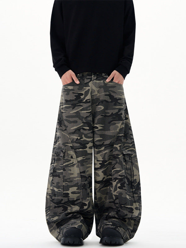 Lktm Men's American Design Multi-Pocket Scimitar Camouflage Cargo Pants Unisex Baggy Silhouette Floor-Length Trousers