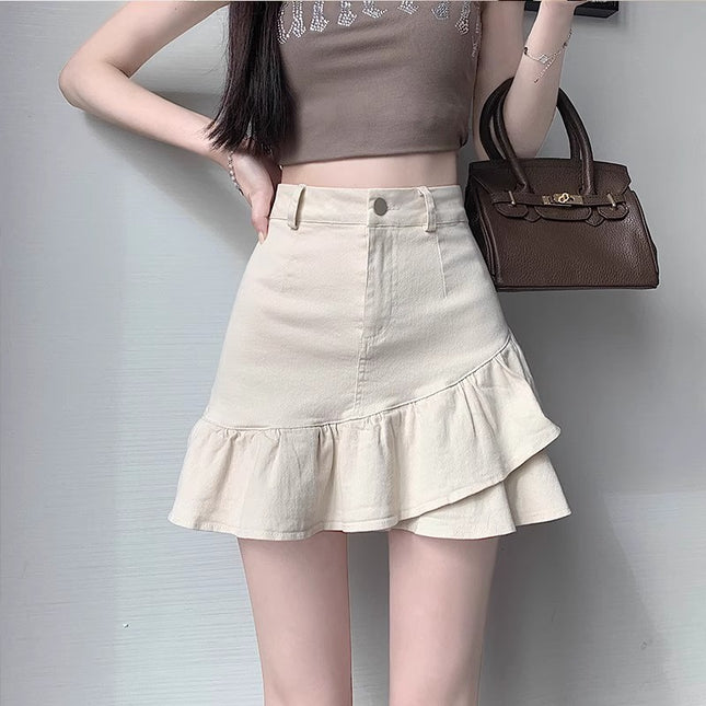 Summer Versatile 2024 A-Line Fishtail Short Denim Skirt New Ruffled High-Waisted Slimming Bodycon Women's Skirt