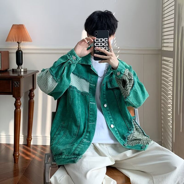 Green Denim Jacket Men's Autumn 2024 New American Style Patchwork Design Sense Niche Loose Jacket Top