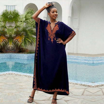New Style Rayon Loose-Fitting Plus-Size Vacation Beach Cover-Up with Stand Collar, Long Dress for Women, Bikini Cover-Up, Swimsuit Outerwear