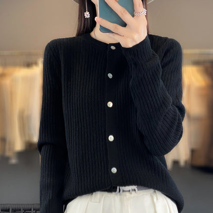 Spring and Autumn New Round Neck Cashmere Cardigan Women's Loose Casual All-match Long Sleeve Sweater Fashionable Elegant Outer Jacket