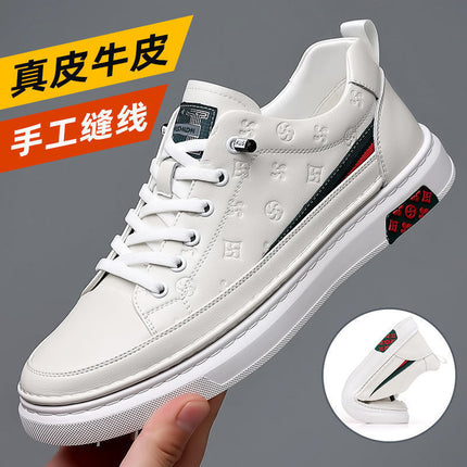 New Trendy White Sneakers with Hidden Height Increase for Men, Casual Leather Shoes