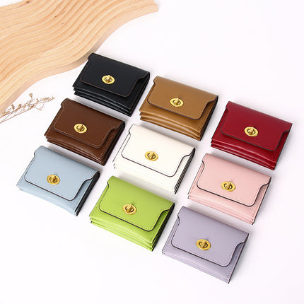 New Stylish Multi-Compartment Lock Buckle Card Holder Versatile Retro Mini Coin Purse Solid Color Trendy Women's Leather Wallet