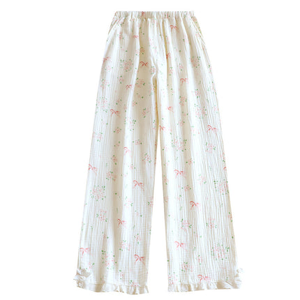 Spring and Summer Pajama Pants Women's Cotton Double-layer Gauze Loose Pants Floral Thin Lace Casual Outwear Home Pants