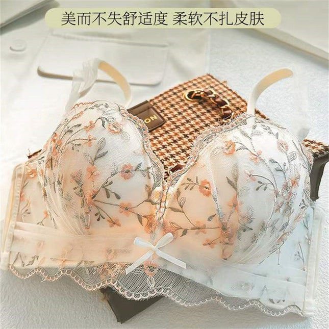 French Style Sexy Lace Underwear Women's Non-rims Push-up Small Chest Adjustable Upper Collocable Para Breast Bra suit