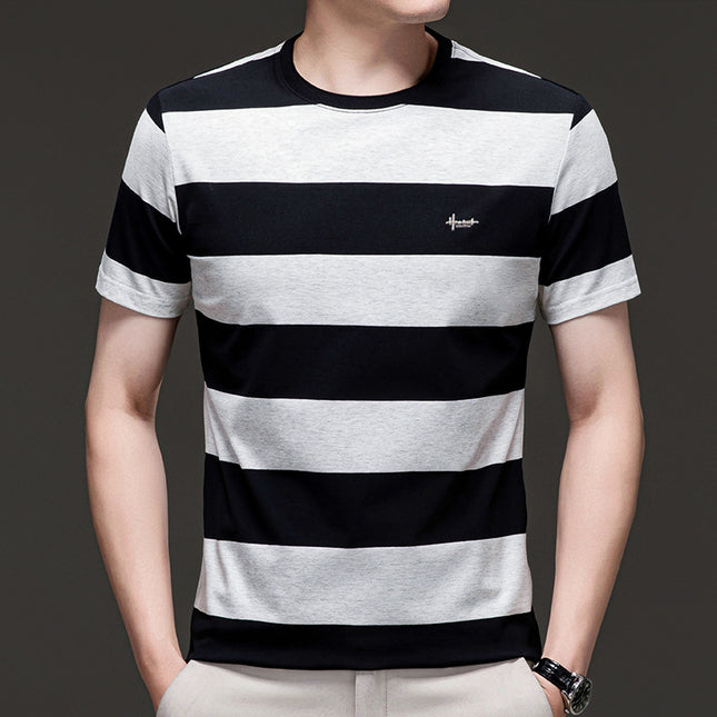 Mingdi Mouse Men's Summer New Casual Short-sleeved Crewneck Plus Size T-shirt Business Striped Pure Cotton Men's T-shirt