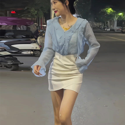 French Style V Neck Ruffled Simple Long-Sleeved Shirt for Women, Spring & Fall Style, High-End, Sweet and Slightly See-Through Chiffon Top