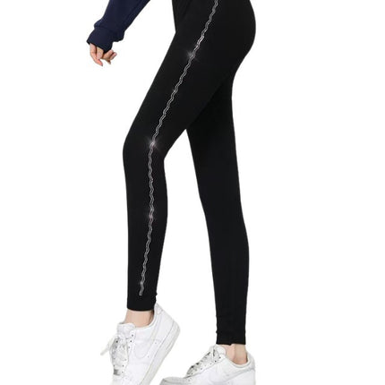 Side Diamond-Embellished Seamless Fleece-Lined Leggings for Women, Warm and Plush, Plus-Size Cropped Pants