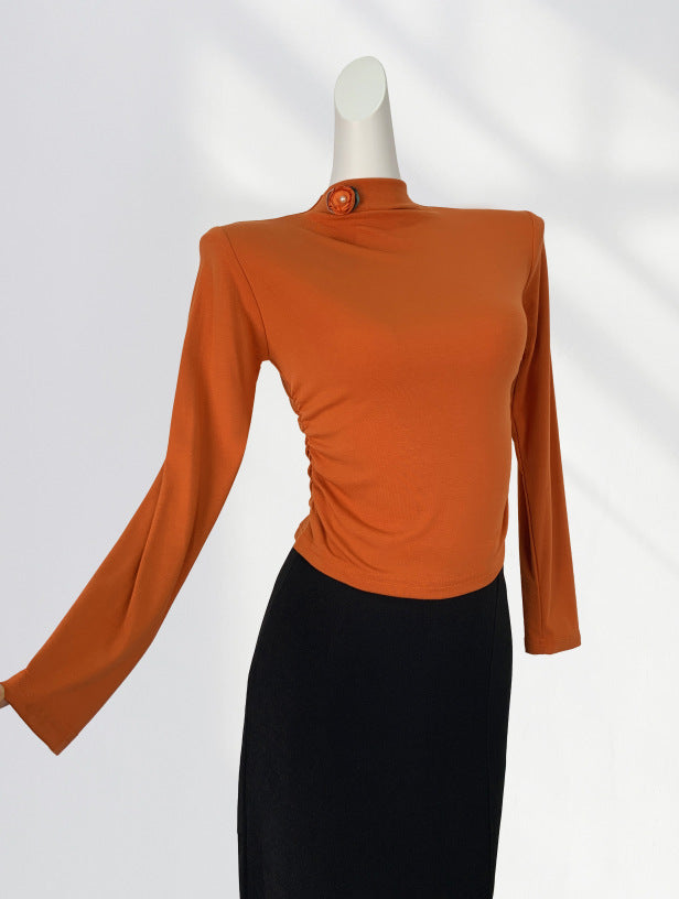 Giant Comfortable Skinny Half-turtleneck Modal Cotton Base Shirt Pumpkin Color Flower Decorative Long-sleeved T-shirt Autumn