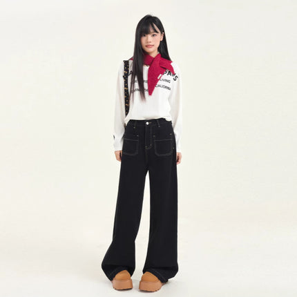 High Waist Pocket Design Loose Slim Wide Leg Pants Women's All-match Straight Tube Dipped 2025 New Spring Festival Jeans