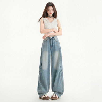 American Style High Waist Scimitar Wide Leg Jeans Women's 2025 Spring and Summer New Pleated Design Sense Loose Slimming Mop Pants