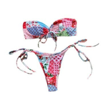 New European and American Sexy Tube Top Bikini suit Vacation Floral Ins Split Swimsuit with Chest Pad Spa Swimsuit