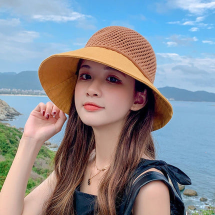 Sun Hat Women's New Fisherman Hat All-match Spring and Summer Hat Women's Breathable Mesh Riding Sun-screen Hat with Large Rim and Small Face