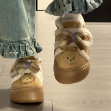 Cute Bear Plush Warm Cotton Shoes for Women 2026 Winter New Sweet Bow Thick-Soled Snow Boots with a Stepping-On-Clouds Feel