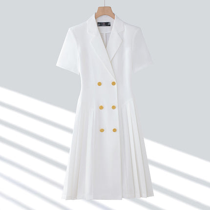 Spring and summer blue short-sleeved dress women's 2025 high-grade double-breasted professional suit collar mid-length skirt