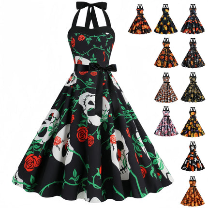 Factory direct supply 2024 Halloween new Hepburn style high waist slim hanging neck large swing long retro dress