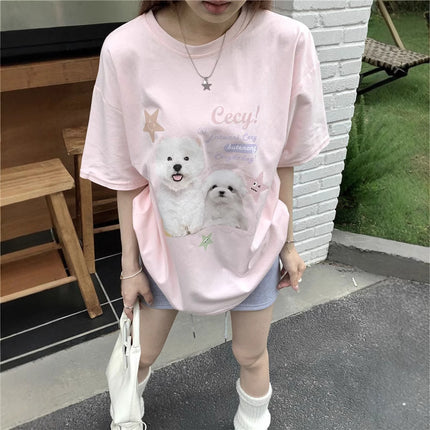 Sweet Cute Dog Printed Round Neck T-shirt Short-sleeved Women's 2025 Summer Korean Style Casual Pink Top