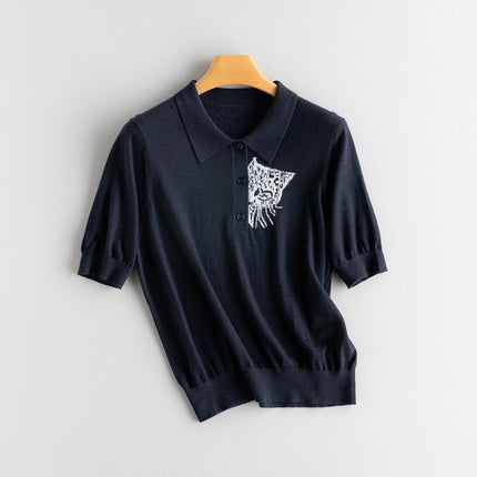 2026 Spring and Autumn Fine Knit Pure Cashmere Intarsia Short Sleeve 18-Gauge Thickened Thin Knit Sweater with Cat Head Design Versatile Knitwear