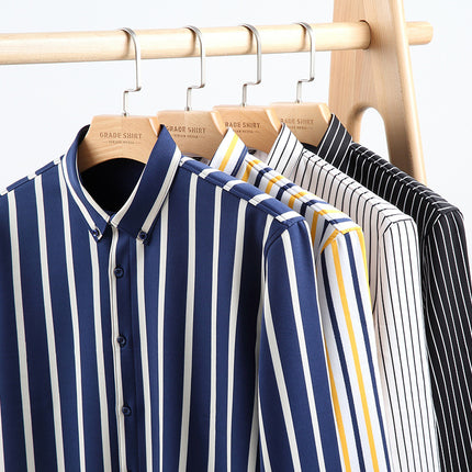 Winter New Elastic Warm One-piece Velvet Casual Men's Shirt Business Cold-proof fleece-lined Striped Shirt for Middle-aged and Elderly