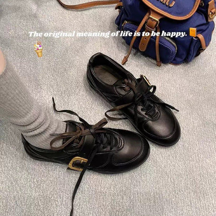 Vintage Double Strap Leather Buckle Sheepskin Round-Toe Versatile Casual German Training Shoes for Women Small Leather Shoes