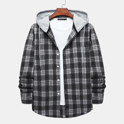 Cross-border Hooded Plaid Shirt Men's 2024 Foreign Trade Autumn Harajuku Style Plaid Hooded Shirt Men's Hong Kong Style Casual Shirt