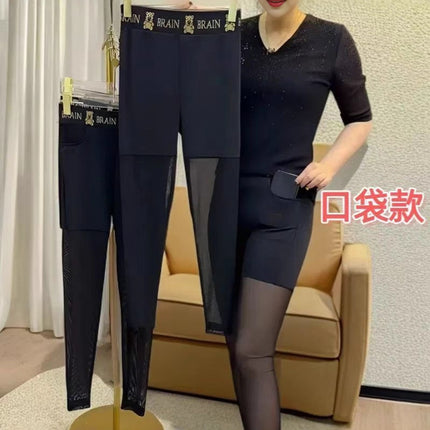Summer Popular Thin Half Mesh Leggings High Waist Large Size High Elastic Versatile Pocket Anti-Exposure Mesh Nine-Point Pants for Women