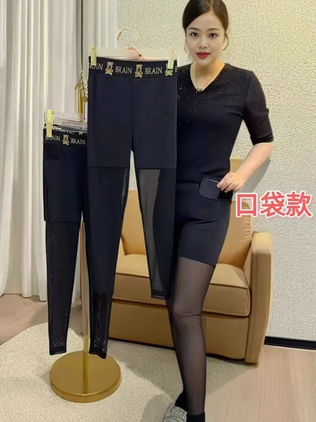 Summer Popular Thin Half Mesh Leggings High Waist Large Size High Elastic Versatile Pocket Anti-Exposure Mesh Nine-Point Pants for Women