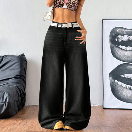 Cross-Border Foreign Trade Amazon European and American Black Wide-Leg Denim Washed Women's Jeans Loose Casual Floor-Length Trousers