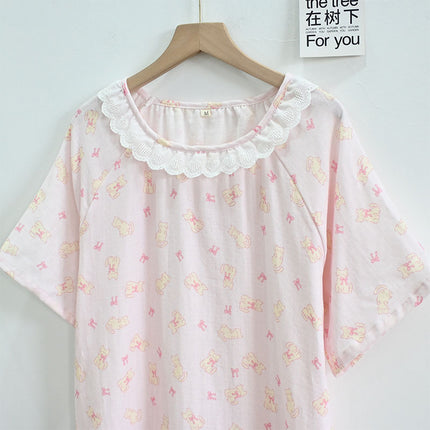 Summer Baby Cotton Gauze Short-Sleeved Thin Nightgown for Women Cartoon Lace Round Neck Breathable Cotton Home Clothes Can Be Worn Outside