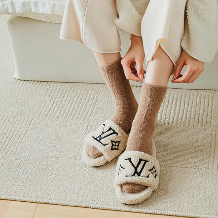 Autumn and Winter new mink velvet socks fleece-lined thick solid color cute floor sleep socks warm mid-calf Zhuji wholesale