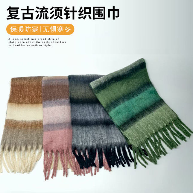 Korean-Style Green Plaid Striped Scarf for Women, Autumn and Winter Warm Versatile Shawl, Stylish and Trendy Neck Scarf