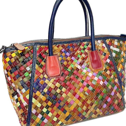 European and American Trendy Women's Bags, Colorful Cowhide Leather, Fashionable and Versatile Woven Shoulder Tote, Genuine Leather Crossbody Bag, Large Capacity, Retro