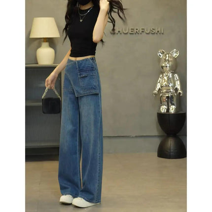 Women's Autumn New Faux Two-Piece Jeans, Slimming High-Waisted Pants, New Stylish Versatile Straight-Leg
