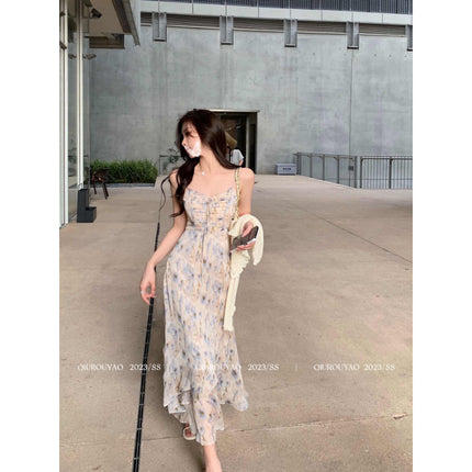 French Style Waisted Gentle Floral dress Women's Seaside Beach Vacation Fairy dress Elegant Pure Slip Dress