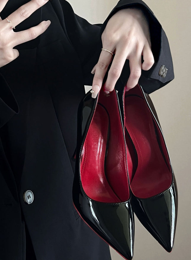Red Bottom Black High Heels Women's Thin Heel Sexy Night Game 2023 Spring and Autumn New Bed Patent Leather Pure Desire Style Single Shoes