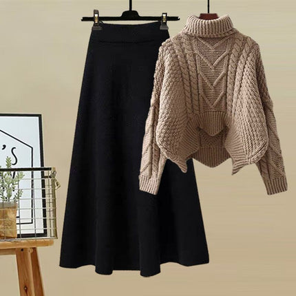 Autumn and Winter suit Women's 2024 New Design Sense High Neck Knitted Sweater Women's Covering Cross Slim Skirt Two-Piece Set