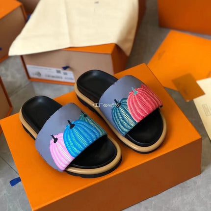 2023 Summer New Style Platform Thick Bottom Pumpkin Velcro Outer Wear Lazy Flip-Flops Embroidered Casual Flat Sandals