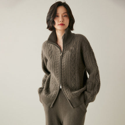 Stand Collar Five-Pin Thickened Cable Heavy Cashmere Cardigan Women's Retro Zipper Long-Sleeved Sweater