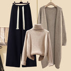 Coffee jacket + coffee sweater + black wide-leg pants three-piece set / M recommendation 40-50kg