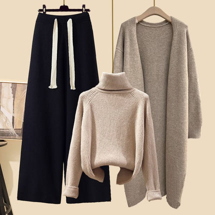 Autumn suit Women's 2024 New Korean Lazy Style Cardigan Jacket with Slim Sweater Wide Leg Pants Three-Piece Set